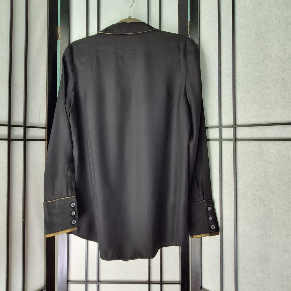 Frame 100% Silk Black Button Down Shirt with Gold Trim - Picture 2 of 9